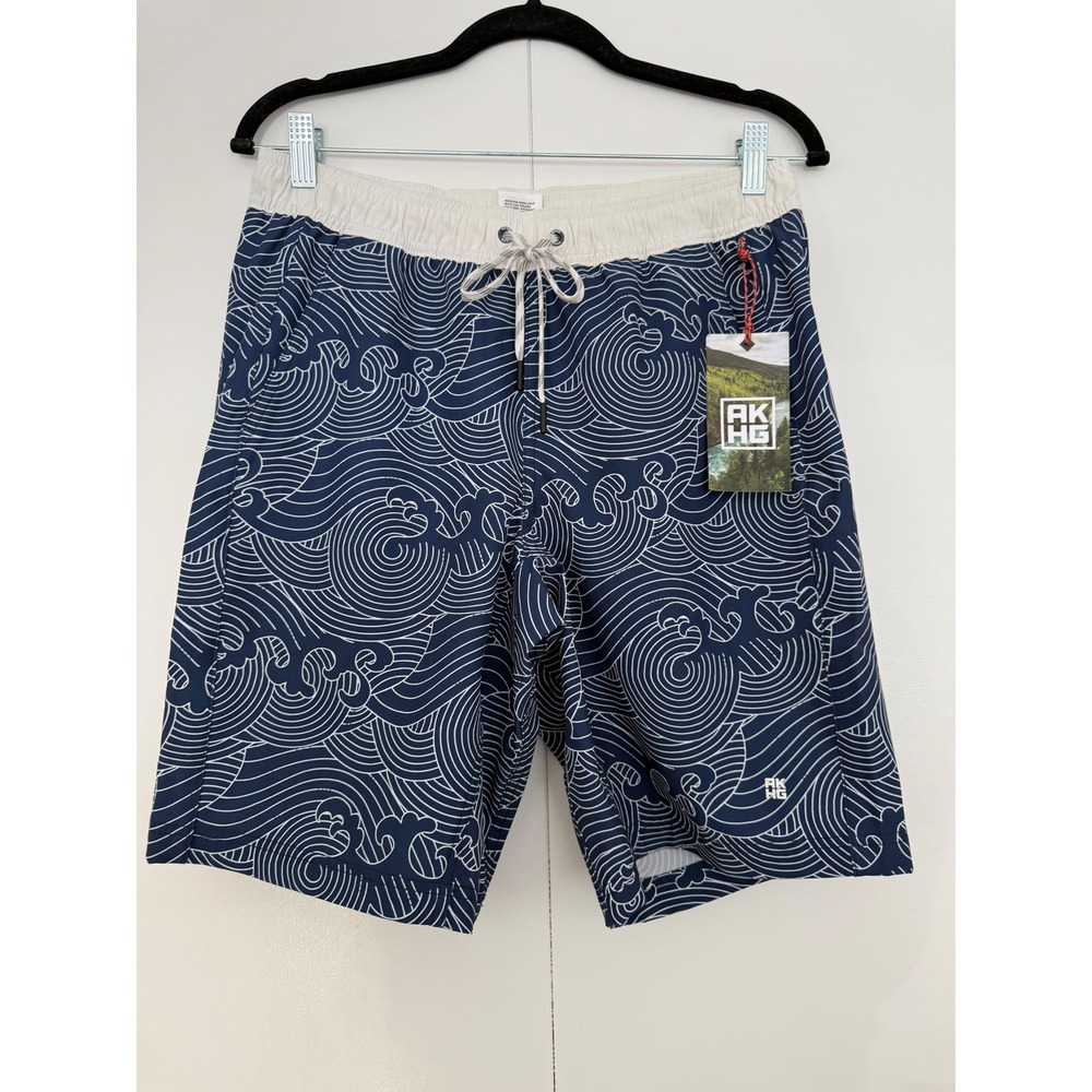 AKHG Duluth Trading Co Mens Lost Lake 10" Swim Shorts Navy Wave Print Medium NWT
